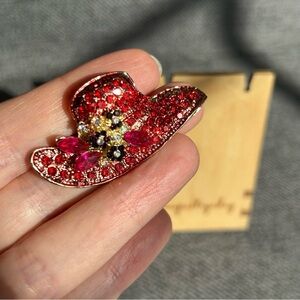 Sparkly, Rhinestone Red Hat Fashion Brooch Pin, Red, Black, Gold
